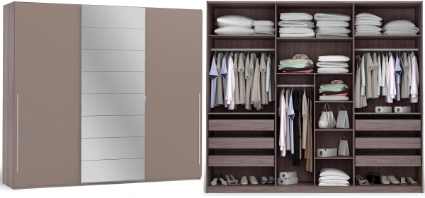 Closet B576 3 Portas de correr e 6 Gavetas - Noce/Moka